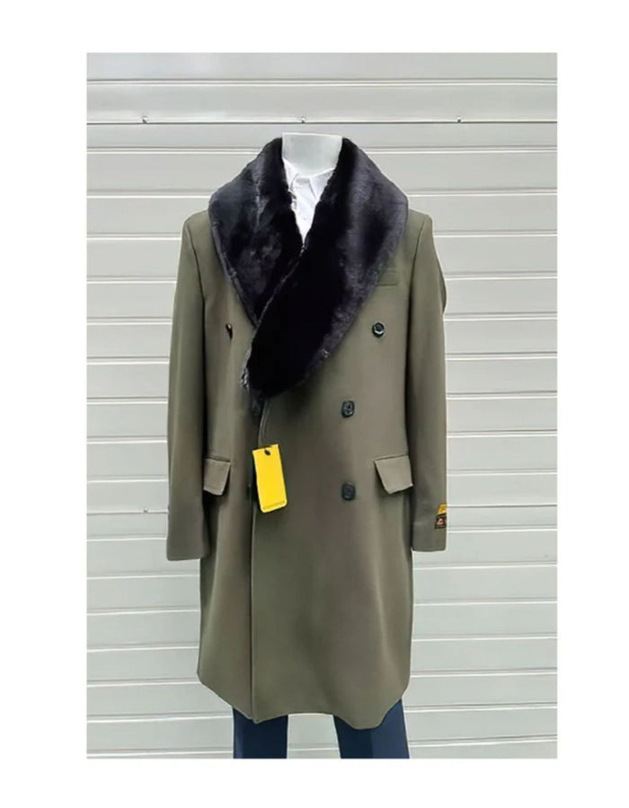 Olive Green Peacoat With Fur Collar - Wool Double Breasted Overcoat