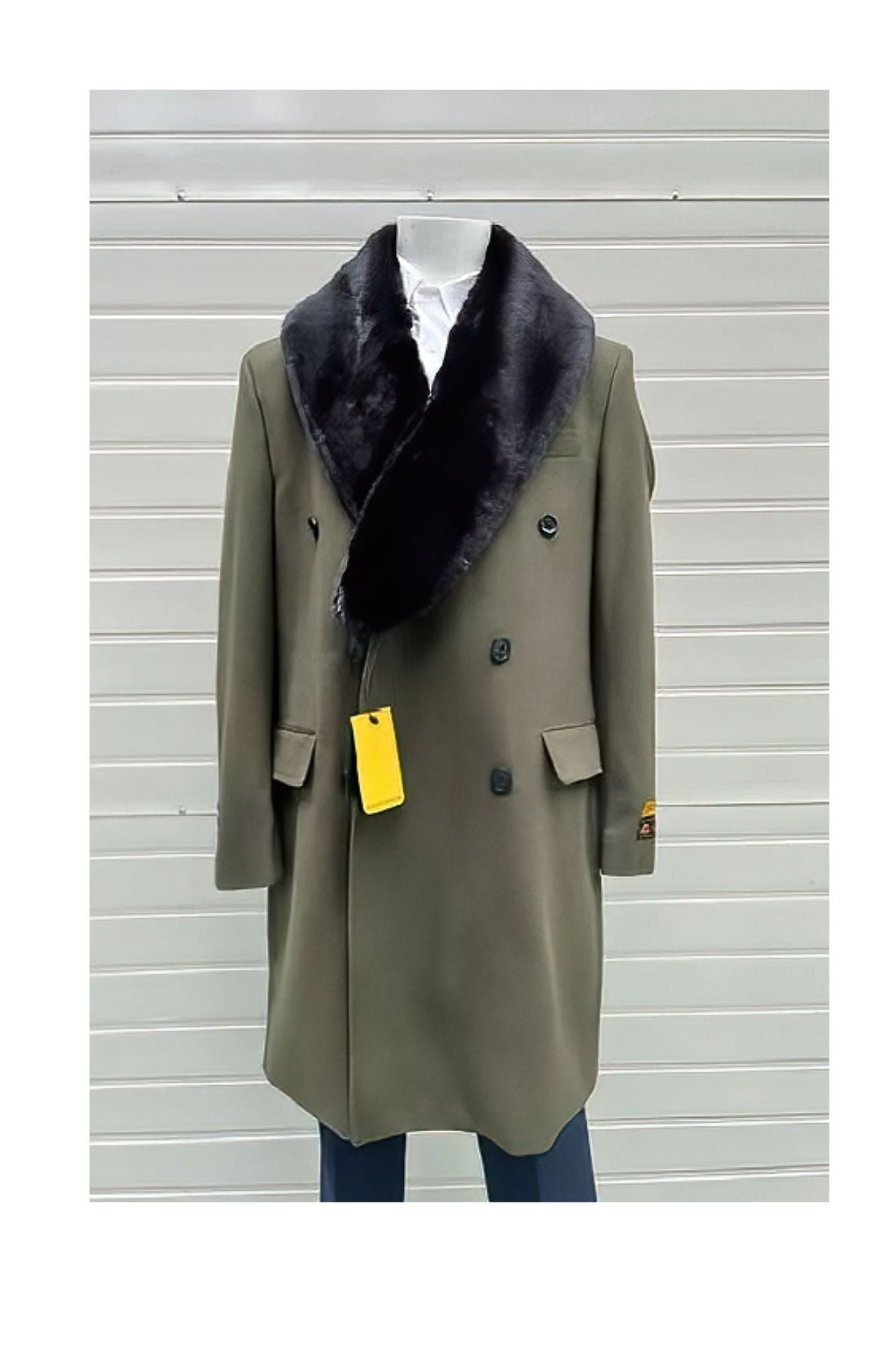 Olive Green Peacoat With Fur Collar - Wool Double Breasted Overcoat