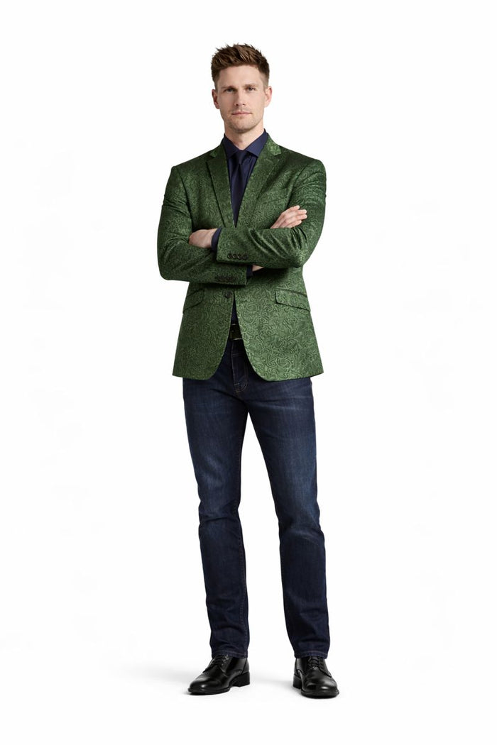 Olive Velvet Blazer - Paisley Sport Coat - Slim Fit-New Designer Collection