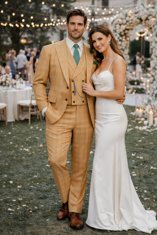 Orange Plaid Suit - Vested Suit - 3 Piece Suits - Peak Lapel Suits - Windowpane Suit - 2 Button-New Designer Collection