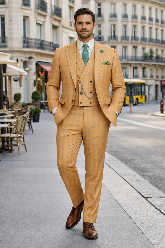 Orange Plaid Suit - Vested Suit - 3 Piece Suits - Peak Lapel Suits - Windowpane Suit - 2 Button-New Designer Collection
