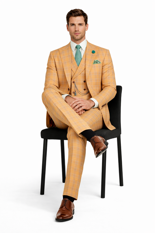 Orange Plaid Suit - Vested Suit - 3 Piece Suits - Peak Lapel Suits - Windowpane Suit - 2 Button-New Designer Collection