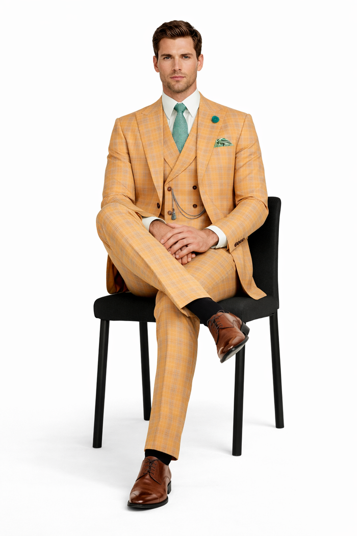 Orange Plaid Suit - Vested Suit - 3 Piece Suits - Peak Lapel Suits - Windowpane Suit - 2 Button-New Designer Collection