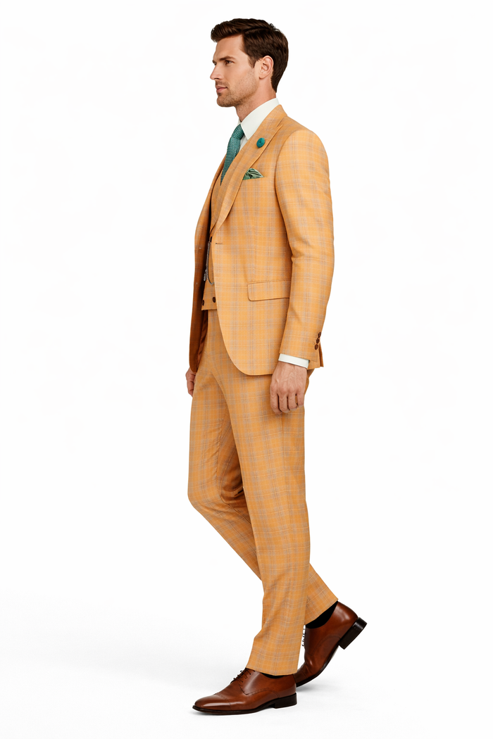 Orange Plaid Suit - Vested Suit - 3 Piece Suits - Peak Lapel Suits - Windowpane Suit - 2 Button-New Designer Collection