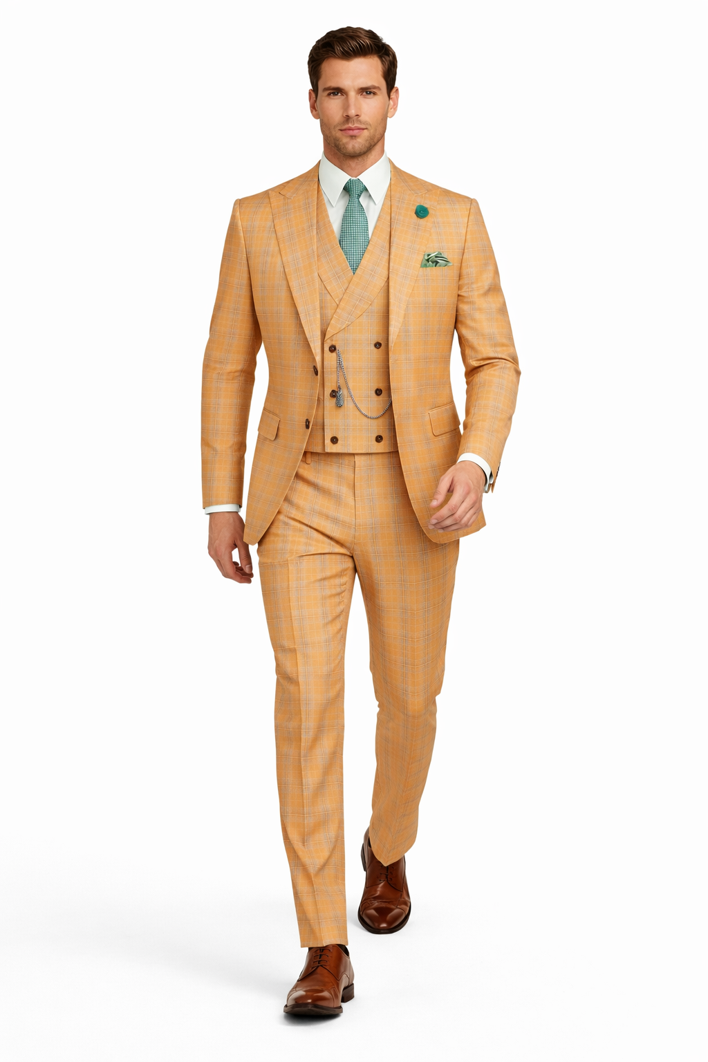 Orange Plaid Suit - Vested Suit - 3 Piece Suits - Peak Lapel Suits - Windowpane Suit - 2 Button-New Designer Collection - 38 Short Jacket+32 Waist Adjustable 28to34)(Height: 5 4 to5 7 )(Neck  15-16.5)S-M)