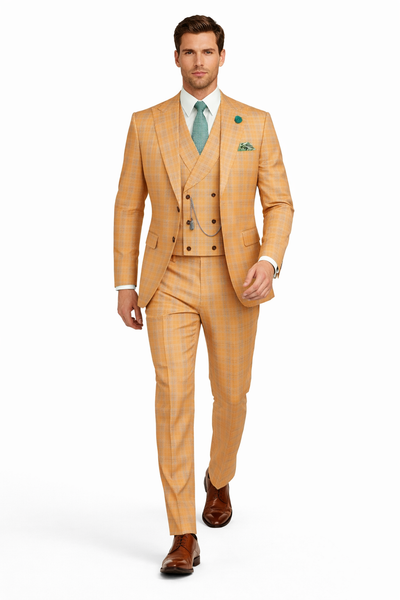 Orange Plaid Suit - Vested Suit - 3 Piece Suits - Peak Lapel Suits - Windowpane Suit - 2 Button-New Designer Collection