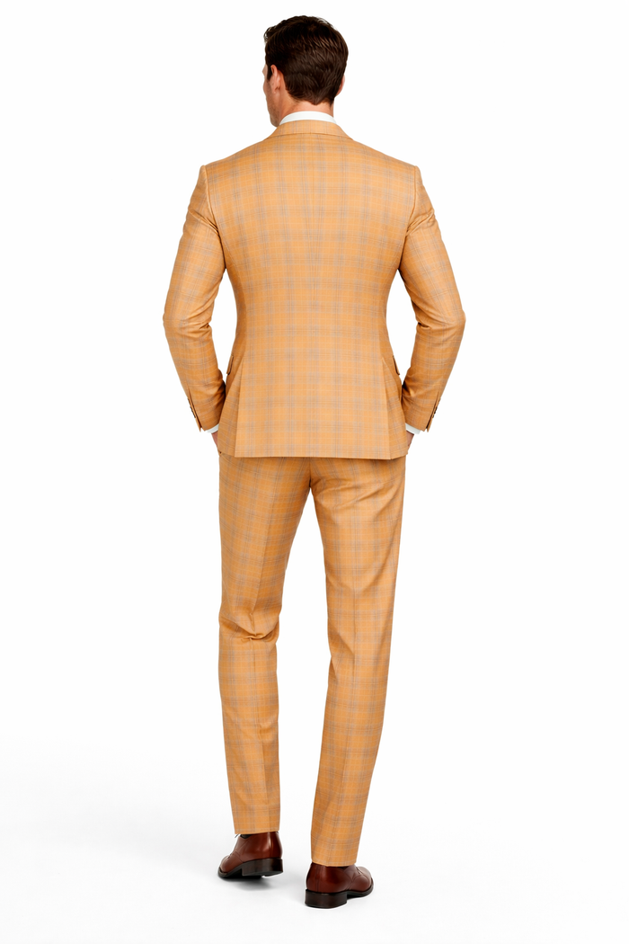 Orange Plaid Suit - Vested Suit - 3 Piece Suits - Peak Lapel Suits - Windowpane Suit - 2 Button-New Designer Collection
