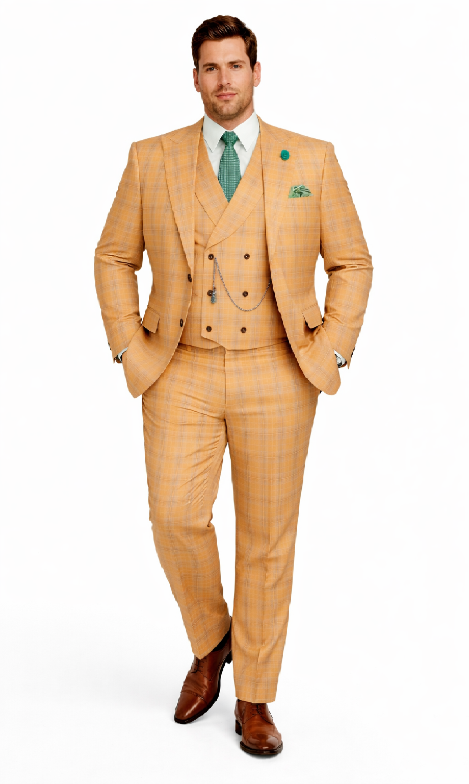 Orange Plaid Suit - Vested Suit - 3 Piece Suits - Peak Lapel Suits - Windowpane Suit - 2 Button-New Designer Collection - 38 Short Jacket+32 Waist Adjustable 28to34)(Height: 5 4 to5 7 )(Neck  15-16.5)S-M)