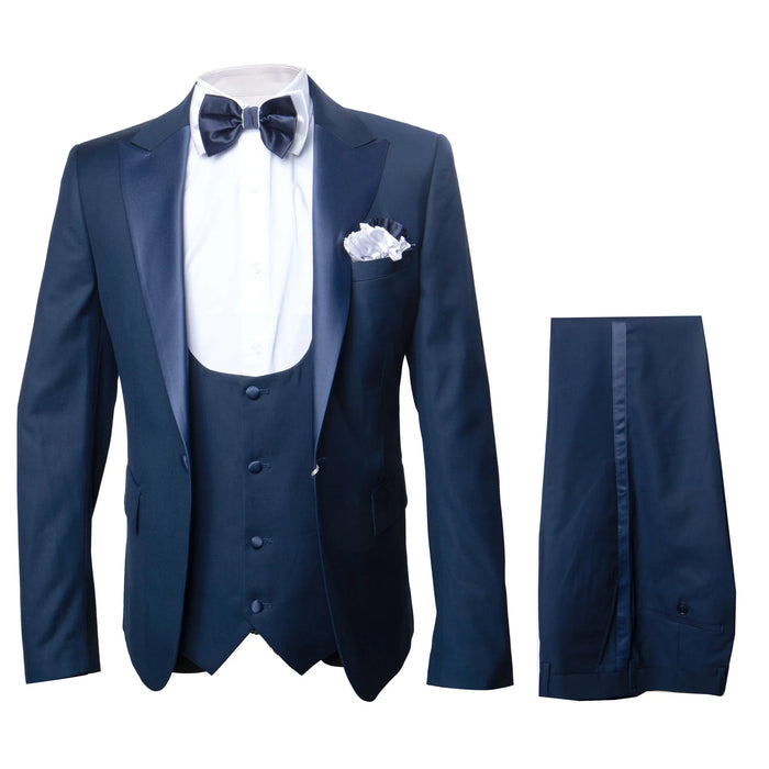 Mens Navy Blue Tuxedo with Satin Peak Lapel with navy sateen – 3 Piece Formal Suit with Vest and Bow Tie