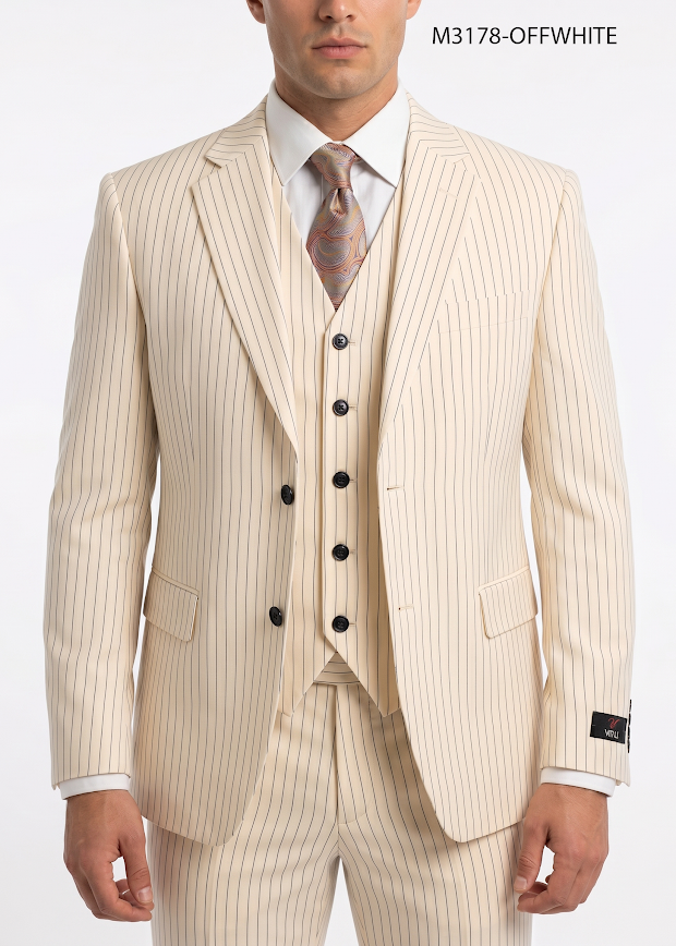 Men’s Ivory Cream Pinstripe 3-Piece Suit – 1920s Gangster Gatsby Wedding and Formal Suit