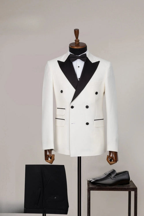 Men’s Vintage Hollywood Ivory Double-Breasted Tuxedo – Black Peak Lapel Wedding and Formal Suit