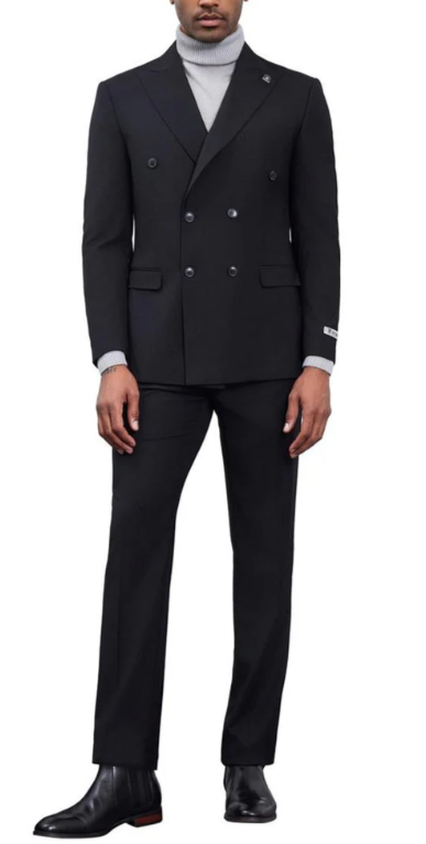 Men's Designer Stacy Adams Classic Double Breasted Suit in Black  Peak Lapel Slim fit - 34 Short or Extra Small