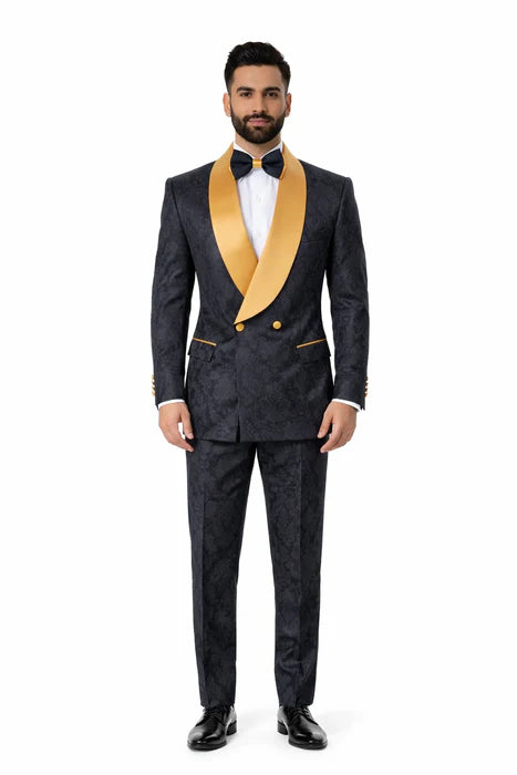 Men’s Black and Gold Hollywood Tuxedo – Double-Breasted Shawl Lapel Prom, Wedding and Formal Suit - 34 Short or Extra Small