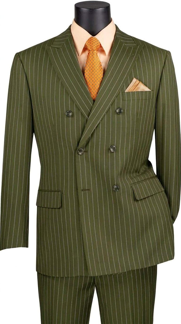 Men’s Olive Green Pinstripe Double-Breasted Suit – Classic Wedding, Business and Formal Suit - 34 Short or Extra Small