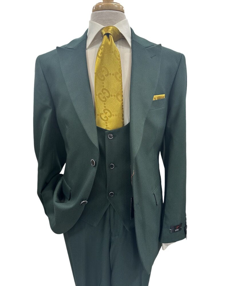 Mens Vitali 3 Piece Suit W/Scoop Vest Hunter Green 3-Piece Suit –, Big Peak Lapel  Vest and Pants  Modern Fit Two Buttons - 34 Short or Extra Small