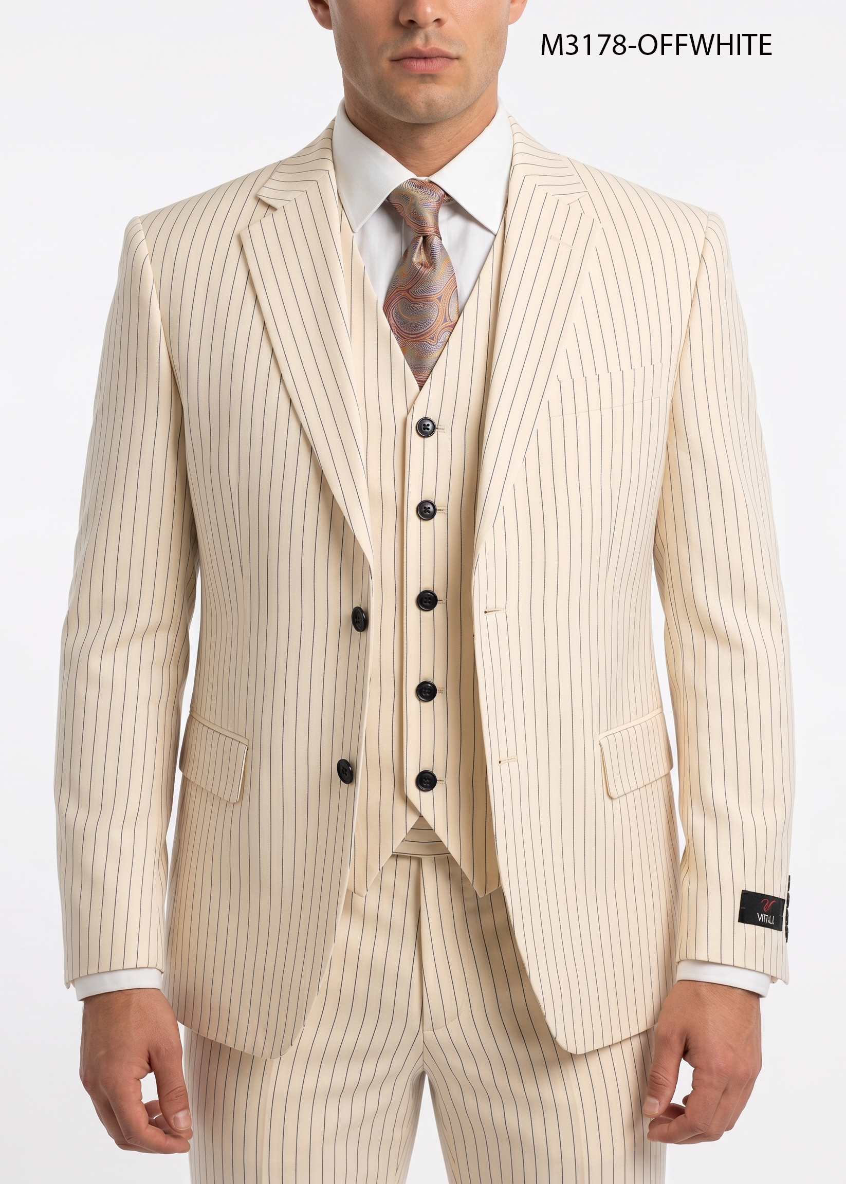 Men’s Ivory Cream Pinstripe Scarface Suit – Vintage Gangster Modern Fit 3-Piece Wedding Suit - 34 Short or Extra Small