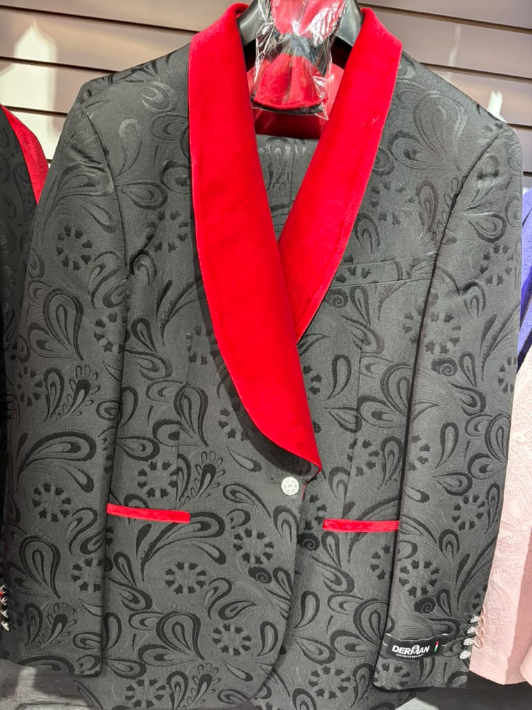 Men’s Black Paisley Tuxedo with Red Velvet Shawl Lapel – 3 Piece Wedding Prom Suit With Matching Bowtie - 34 Short or Extra Small