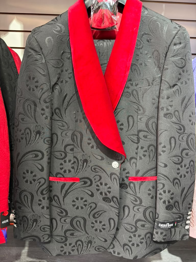 Men’s Black Paisley Tuxedo with Red Velvet Shawl Lapel – 3 Piece Wedding Prom Suit With Matching Bowtie - 34 Short or Extra Small