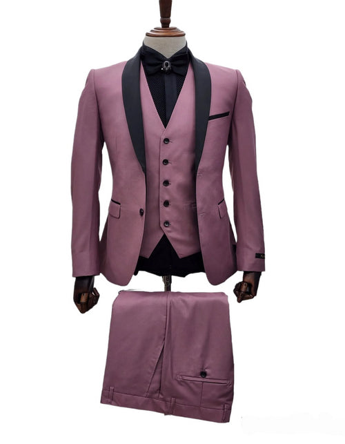 Men's Mauve Pink Tuxedo Suit â€“ 3-Piece Slim Fit with Black Satin Shawl Lapel