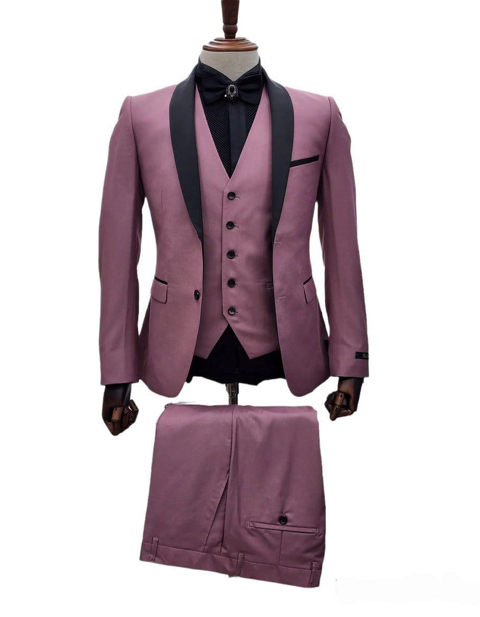Men's Mauve Pink Tuxedo Suit – 3-Piece Slim Fit with Black Satin Shawl Lapel - 34 Short or Extra Small