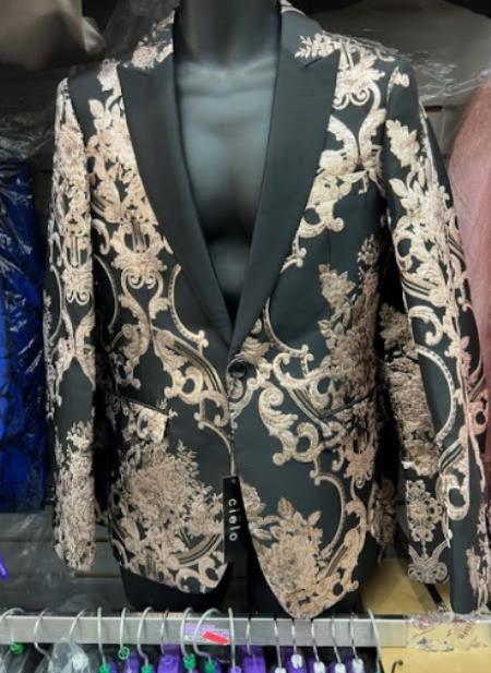 Mens Black and Rose Gold Floral Embroidered Blazer Suit Black Pants – Luxury Tuxedo Jacket for Weddings, Proms and Parties - 34 Short or Extra Small