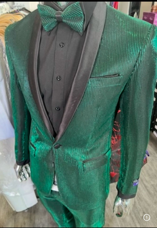 Men's Emerald Green Shiny Tuxedo with Black Satin Lapel and Matching Bow Tie â€“ Ultra Slim Fit