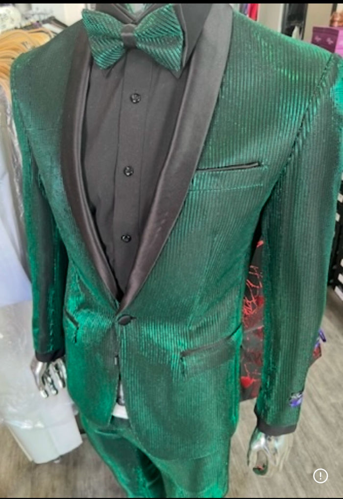 Men's Emerald Green Shiny Tuxedo with Black Satin Lapel and Matching Bow Tie â€“ Ultra Slim Fit