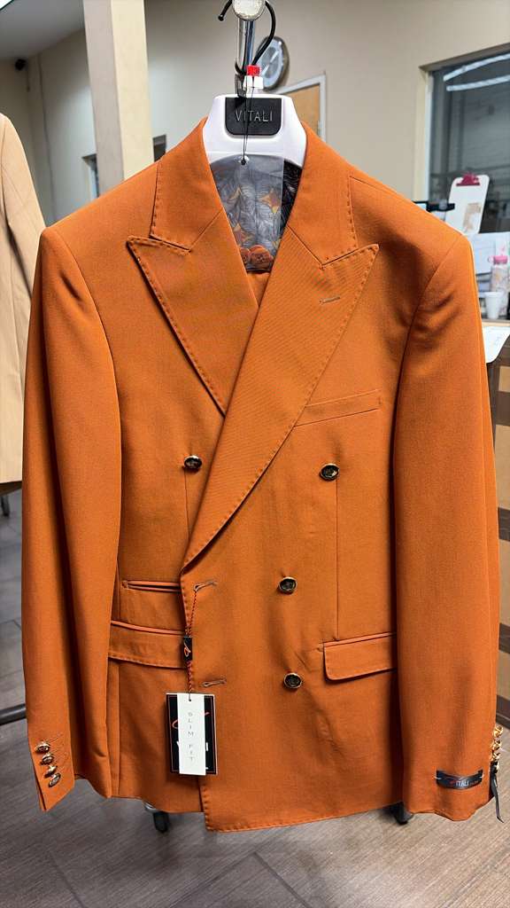 Vitali Brand Mens Burnt Orange Double Breasted Suit in Rust Brick Copper Color