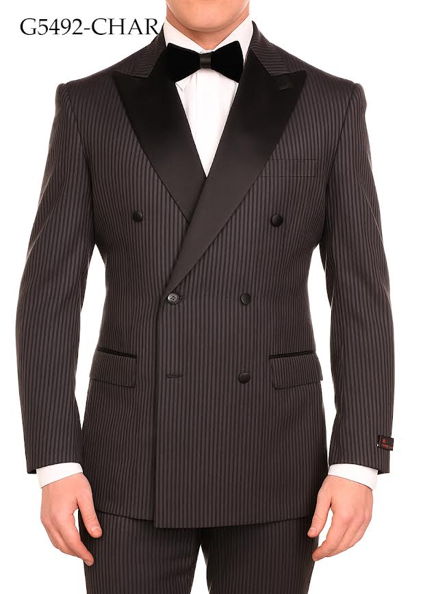 Men’s Double Breasted Suit – Classic Peak Lapel Formal Tuxedo Style Suit for Wedding in Black Ton on Tone Pinstripe - 34 Short or Extra Small