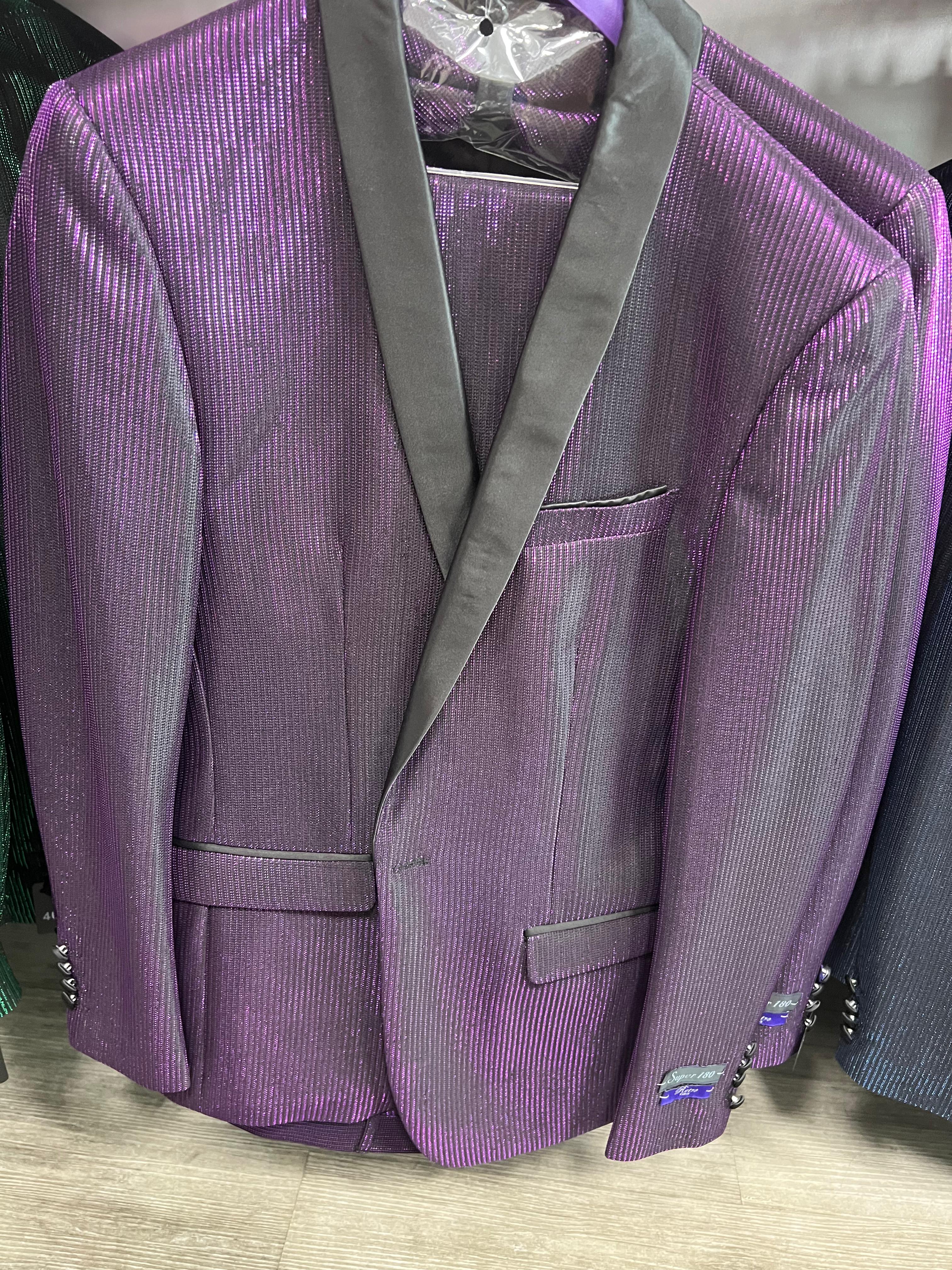 Mens Purple Shimmer Mardi Gras Suit with Black Satin Lapel Shiny Metallic Formal Party and Carnival Suit Sequin Look