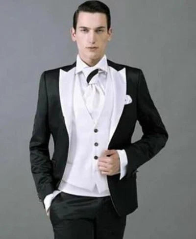 Mens Black and White Lapel Prom Tuxedo Suit + Black Vest + Black Pants Peak Lapel