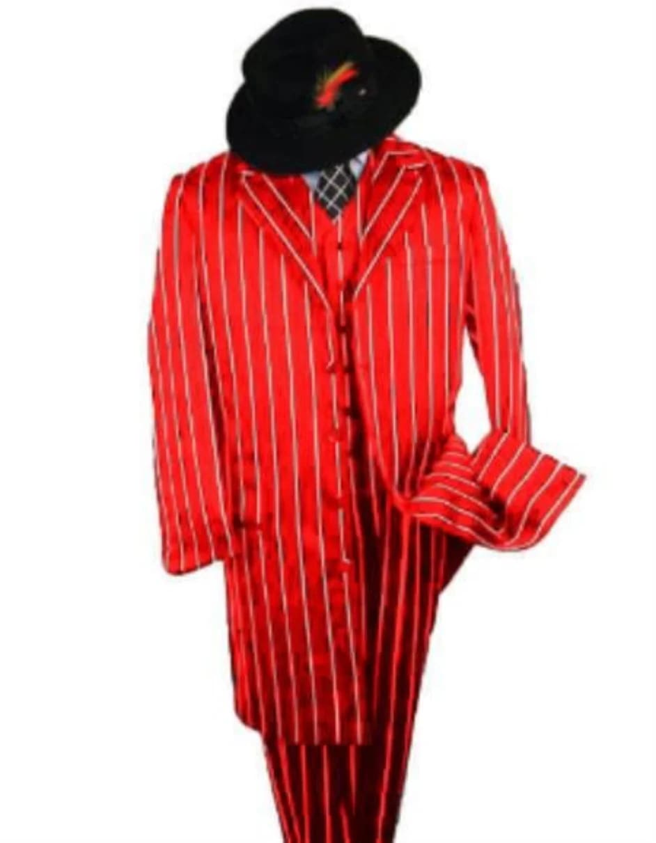 Men’s Red Pinstripe Zoot Suit – 1920s Gangster Pimp Style with Long Jacket & Matching Hat - 34 Short or Extra Small