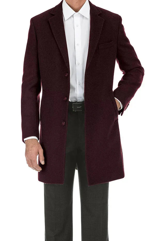Men’s Burgundy Mid-Length Overcoat – Classic Fit Wool Blend Dress Coat Three Quarter Carcoat Topcoat - Coat Size 38