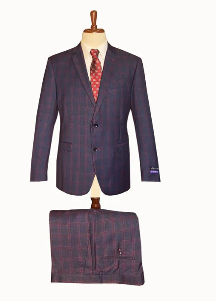 Men’s Navy Blue and Burgundy Checkered Two-Piece Suit Plaid Windowpane – Flat Front Pants or Pleated Wide Leg Pants - 100% Wool - Navy Blue and Burgundy