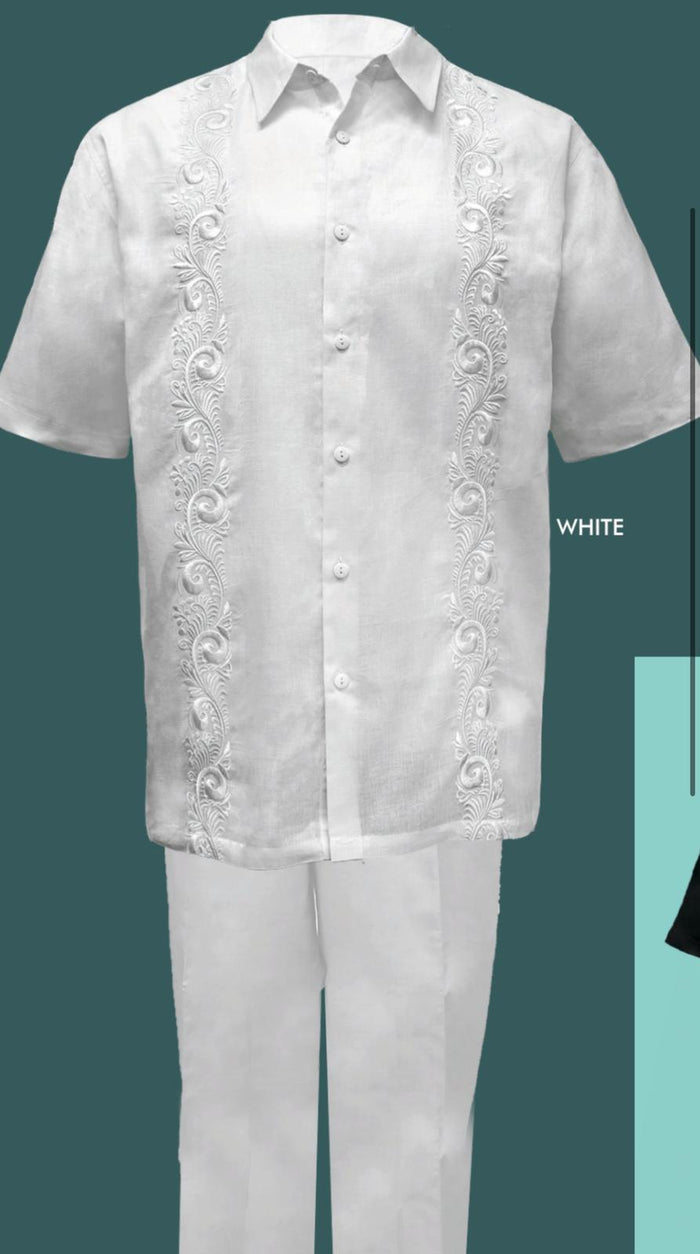 Mens Linen White Embroidered Guayabera Two-Piece Set â€“ Short Sleeve Shirt and Pants - Summer Walking Suit