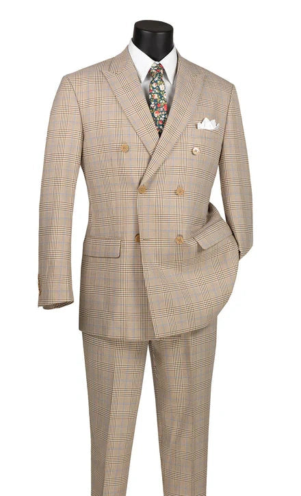 Vinci Men’s Beige Plaid Double Breasted Suit – Classic Checkered Formal Suit Set in Tan Color Windowpane Checkered Pattern - 34 Short or Extra Small