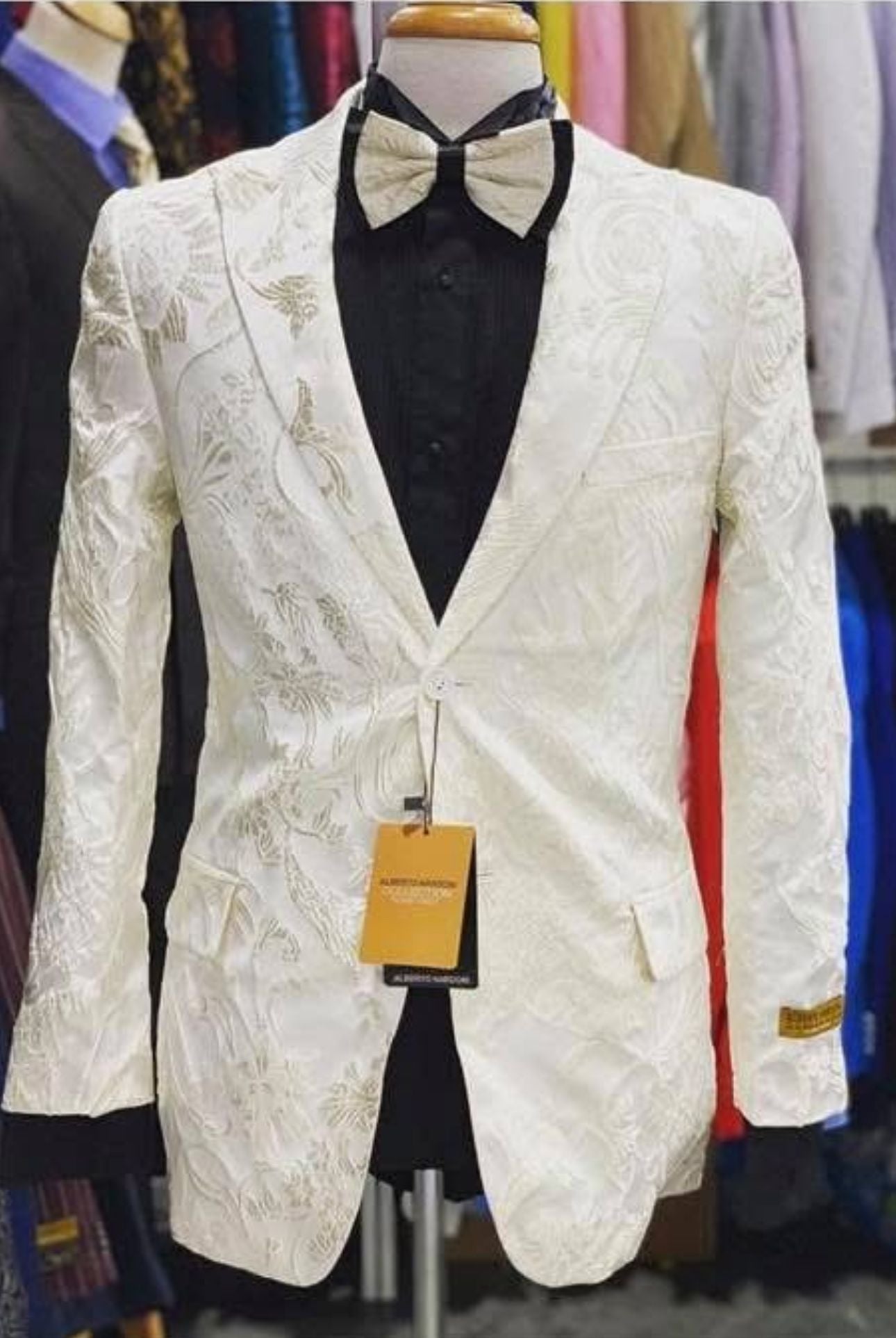 Men’s Ivory Floral Embroidered Tuxedo Jacket – Elegant Wedding and Party Blazer in Cream Color With Ivory Pants - 34 Short