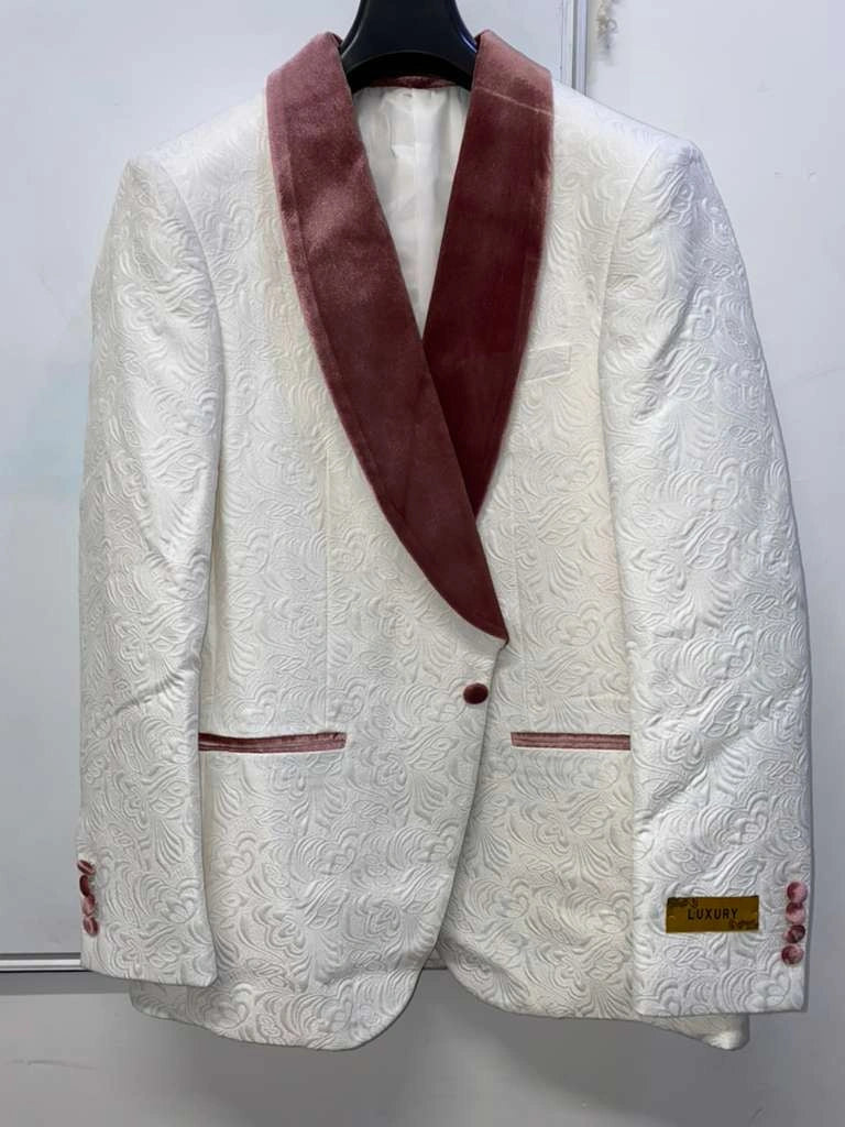 Men’s Ivory and Rose gold Floral Blazer – Elegant Shawl Lapel Formal Blazer Jacket for Wedding, Party, Prom - 36 Short