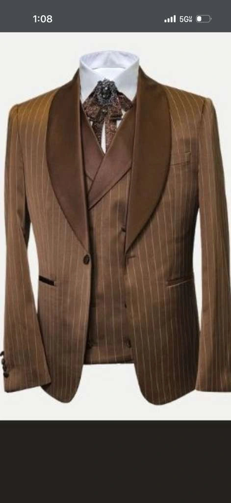 Men’s Brown Pinstripe Western Cowboy Tuxedo, Contrast Shawl Lapel Formal Suit for Weddings, Prom, Parties, and Special Occasions - 34 Short or Extra Small