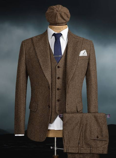 Peaky Blinder Men’s Brown Tweed 3-Piece Suit – Vintage Wedding, Business and Formal Suit with Matching Vest and Pants