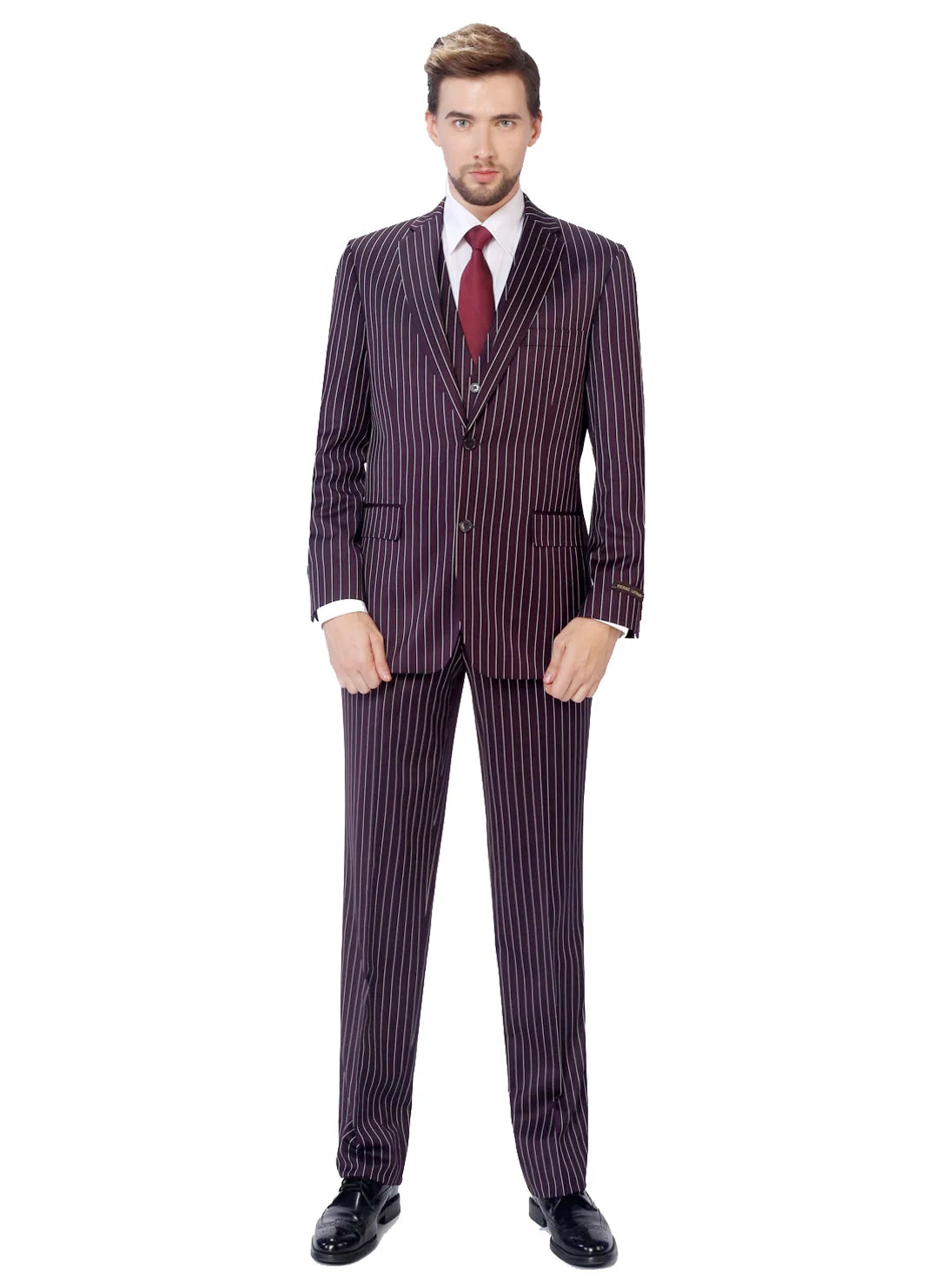 Men’s Plum Eggplant Pinstripe 3 Piece Suit – Burgundy Purple Formal Suit  Gangster 1920s Mafia Pimp Suit - 34 Short or Extra Small