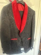 Men’s Black Paisley 2 Piece Suit with Red Shawl Lapel, Formal Wedding Prom Party Suit Set - 34 Short or Extra Small