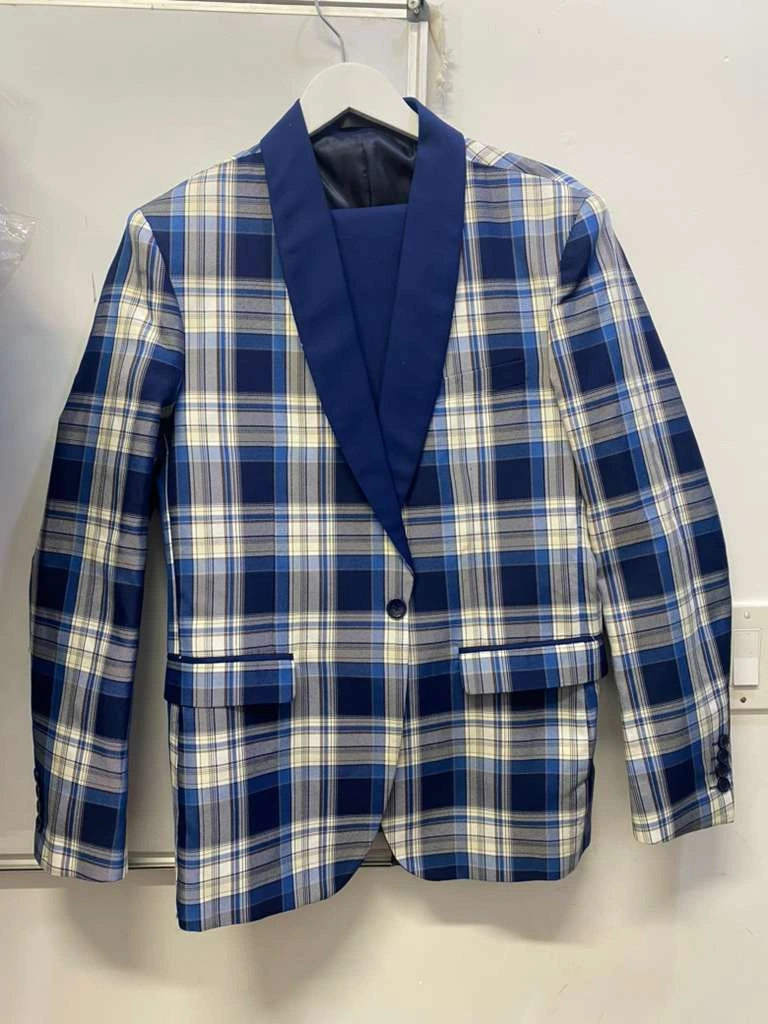 Men’s Tartan Blue Plaid and Solid Blue Tuxedo – Modern Check Pattern Formal Suit for New Year - Christmas - Holiday Jacket with Pants - 34 Short or Extra Small