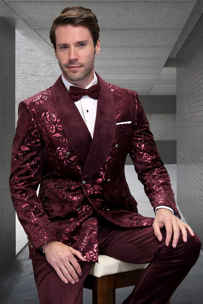 Mens Burgundy Floral Jacquard Tuxedo Dinner Jacket Paisley Velvet Lapel Formal Wear for Weddings and Prom