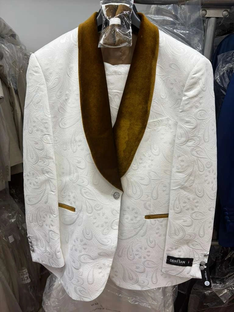 Men’s White Paisley 3 Piece With Vest Prom Tuxedo with Gold Velvet Shawl Lapel, Formal Wedding Suit Set - 34 Short or Extra Small