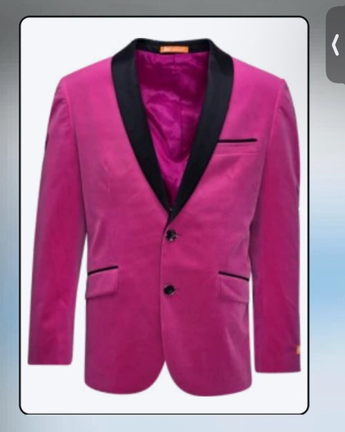 Mens Fuchsia Tuxedo Blazer with Black Satin Lapel â€“ Stylish Party and Wedding Jacket in Hot Pink Color with Black Pants