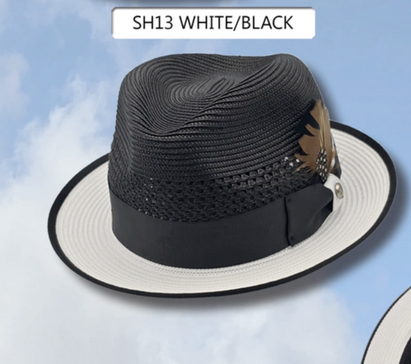 Men’s Two-Tone Black and White Fedora Hat with Feather Accent – Stylish Summer Dress Hat - S