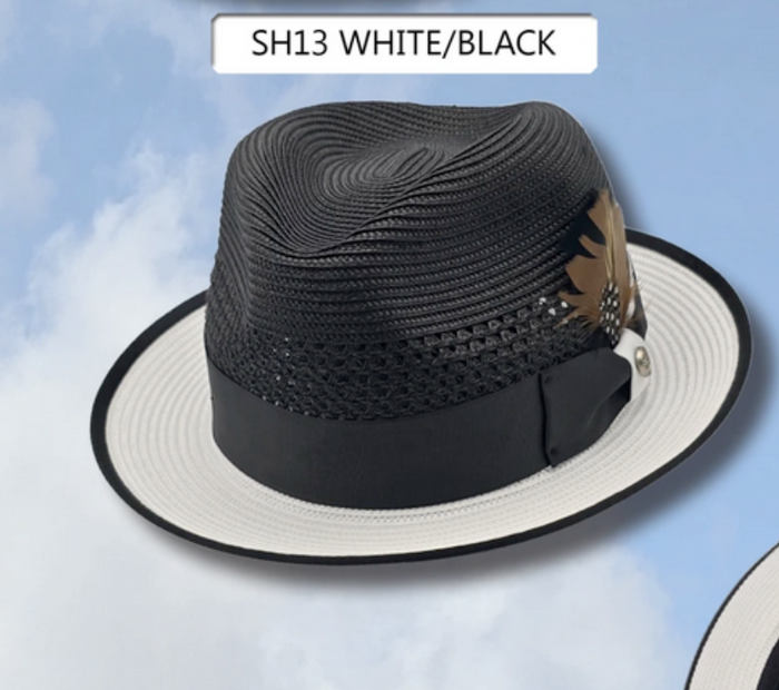 Mens Two-Tone Black and White Fedora Hat with Feather Accent Stylish Summer Dress Hat