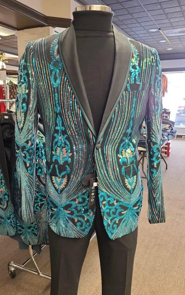 Men’s Black and Turquoise Blue With teal green Sequin Dinner Jacket, Formal Prom Wedding Paisley Floral Mardi Gra Pattern - 36 Short