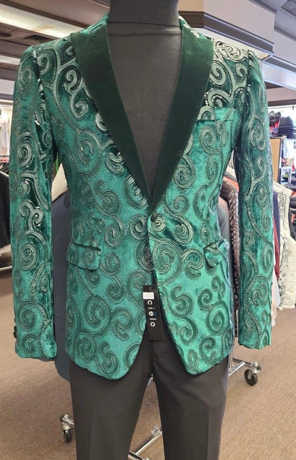 Men’s Emerald Green Paisley Tuxedo Dinner Jacket with Black Lapel, Formal Prom Wedding Party Blazer - 34 Short or Extra Small